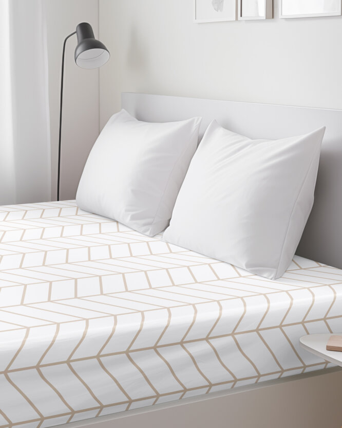 Katoenen hoeslaken - Beige zigzag op wit