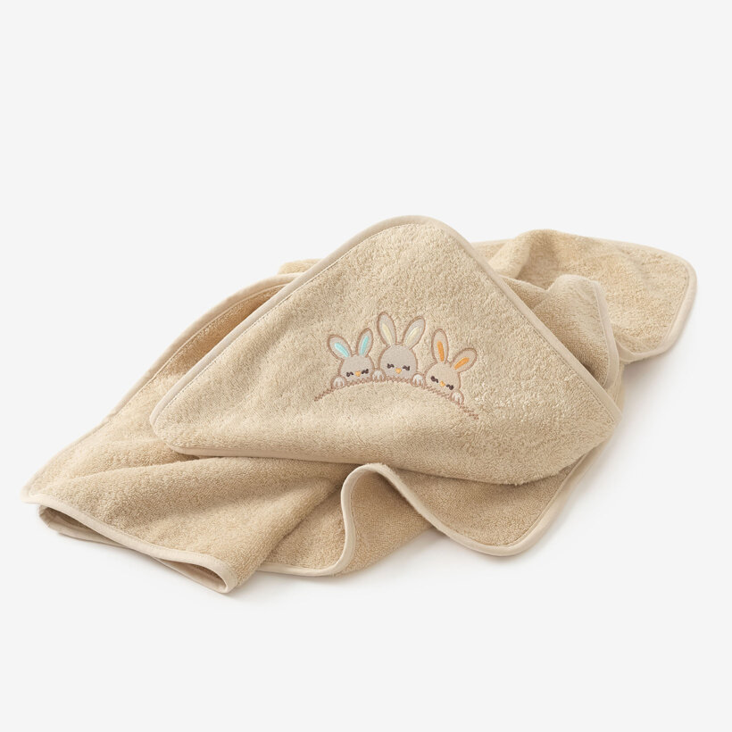 Badstof kinderbadhanddoek met capuchon - Konijntjes op beige