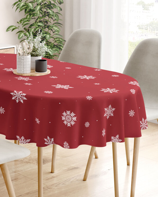 Ovaal tafelkleed 100% katoen renforcé - Sneeuwvlokken op rood