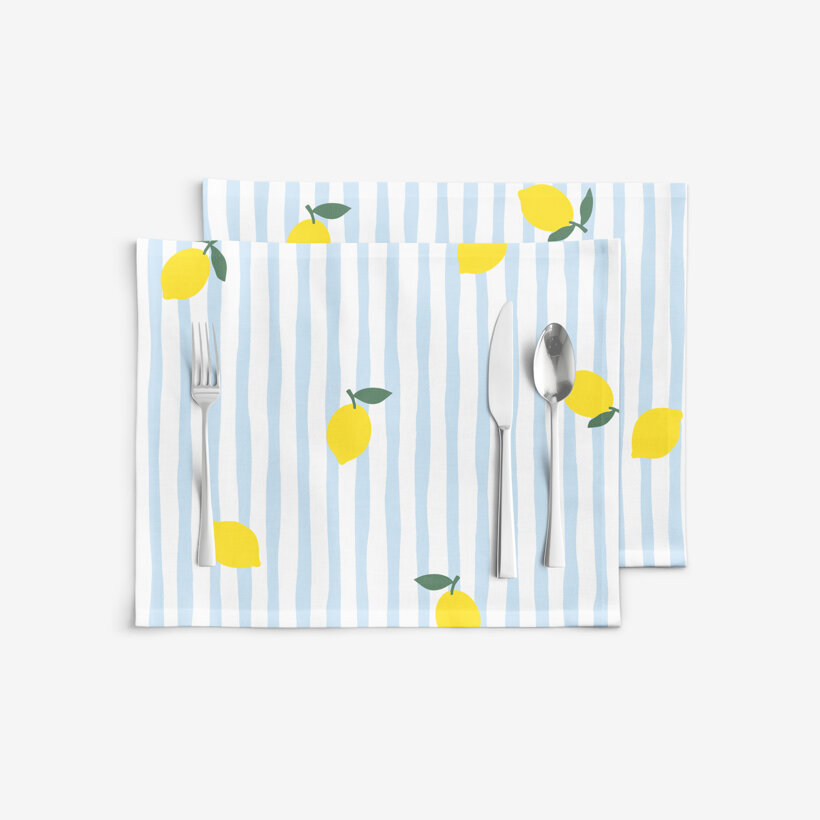 Placemat voor op tafel 100% katoen renforcé - Frisse citroenen met streepjes - set van 2 stuks