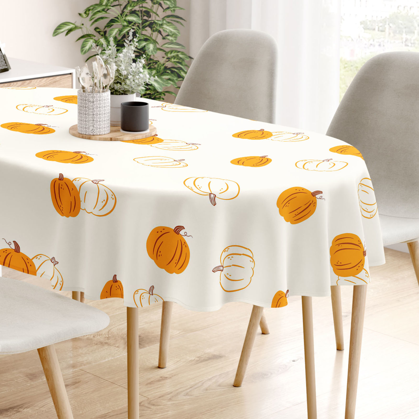 Ovaal tafelkleed 100% katoen renforcé - Herfst pompoen