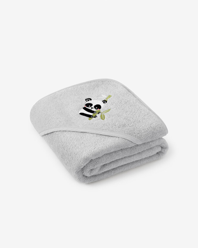Kinder badstof badhanddoek met capuchon - Panda op lichtgrijs