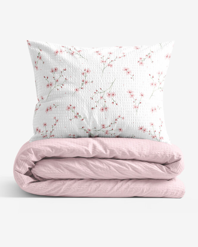 Crêpe beddengoed Duo - Bloeiende sakura's met poederroze