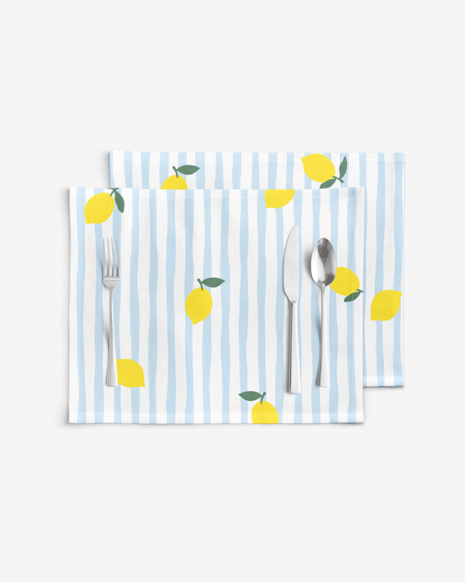 Placemat voor op tafel 100% katoen renforcé - Frisse citroenen met streepjes - set van 2 stuks