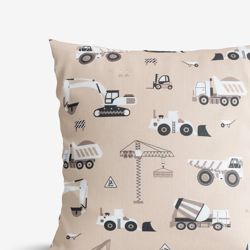Katoenen kussensloop voor kinderen - Vrachtwagens en graafmachines op beige