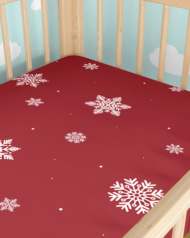 Katoenen hoeslaken voor het kinderbedje - Sneeuwvlokken op rood