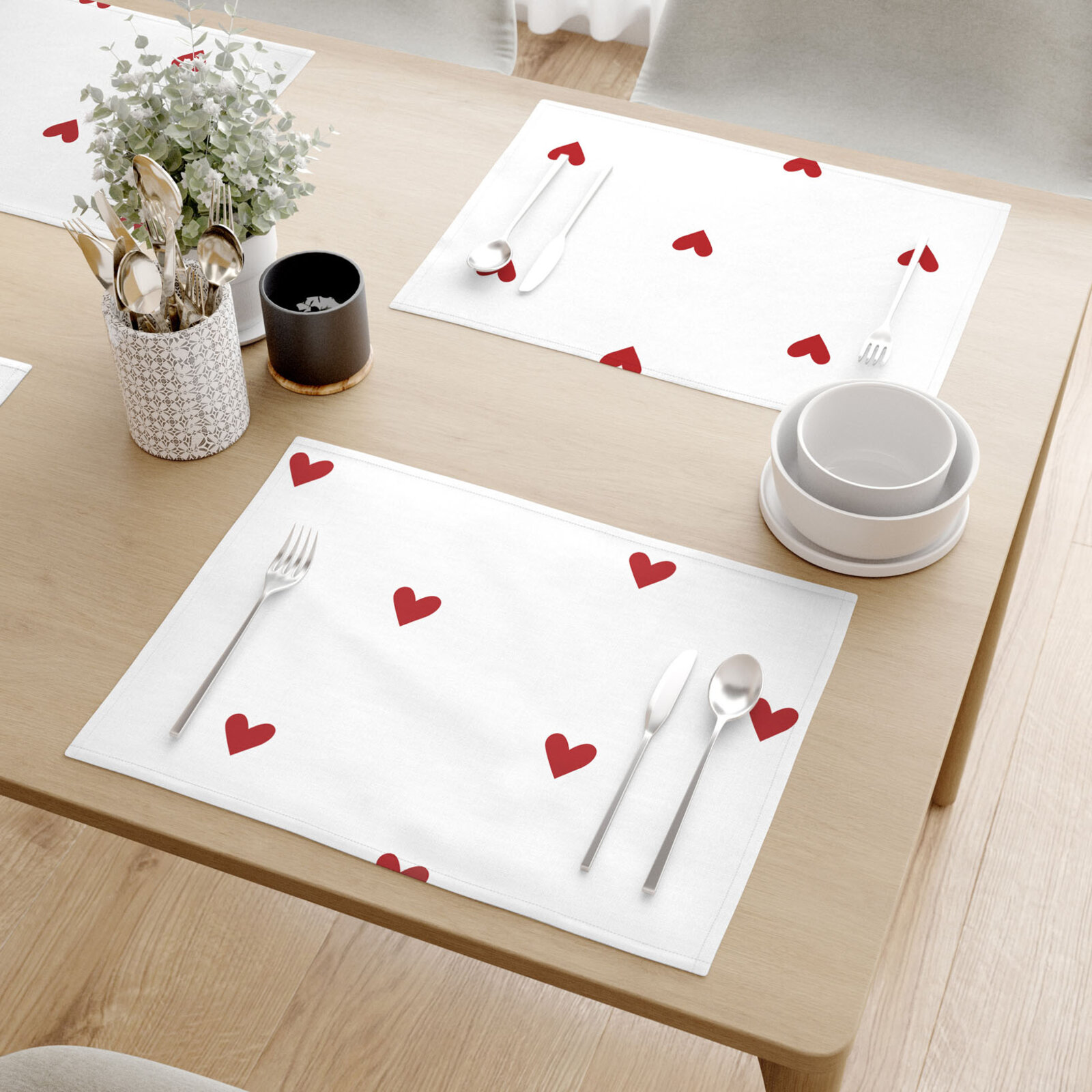 Placemat 100% katoen renforcé - Rode hartjes op wit - set van 2 stuks