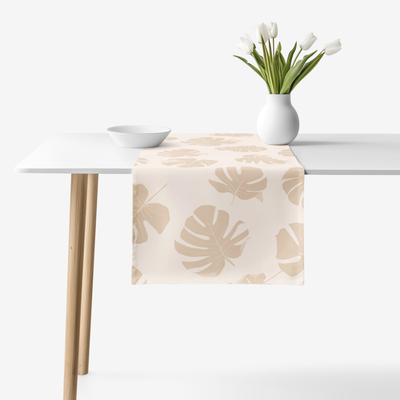 Tafelloper 100% katoen renforcé - Tropische bladeren op beige