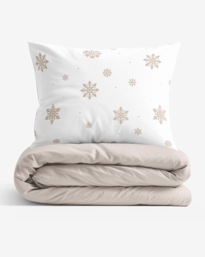 Katoenen beddengoed Duo - Sneeuwvlokken op wit met latte