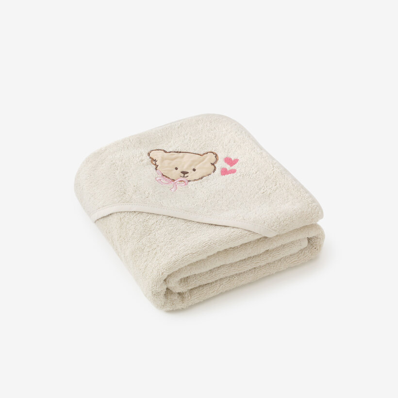 Baby badstof badhanddoek met capuchon - Beertje op beige