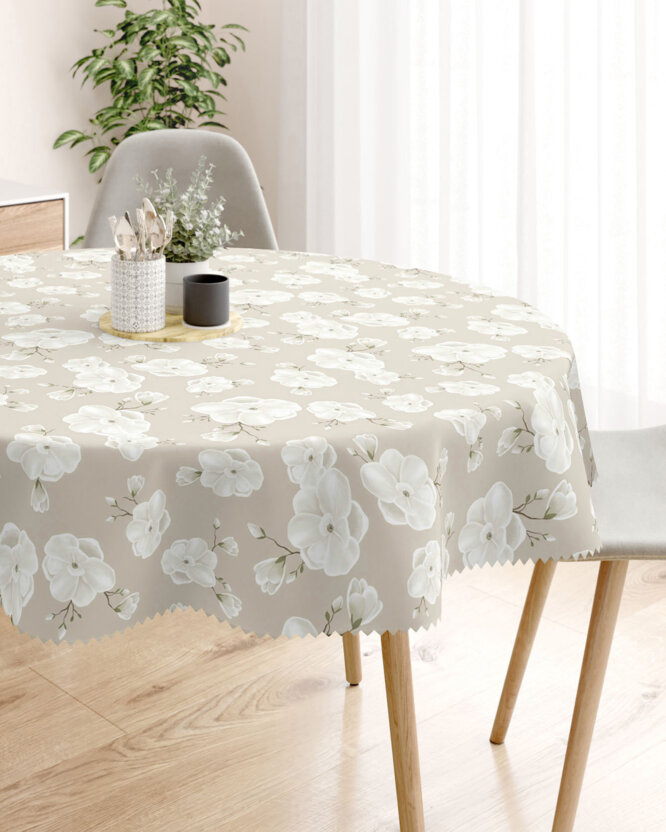 Rond teflon tafelkleed - Witte bloemen