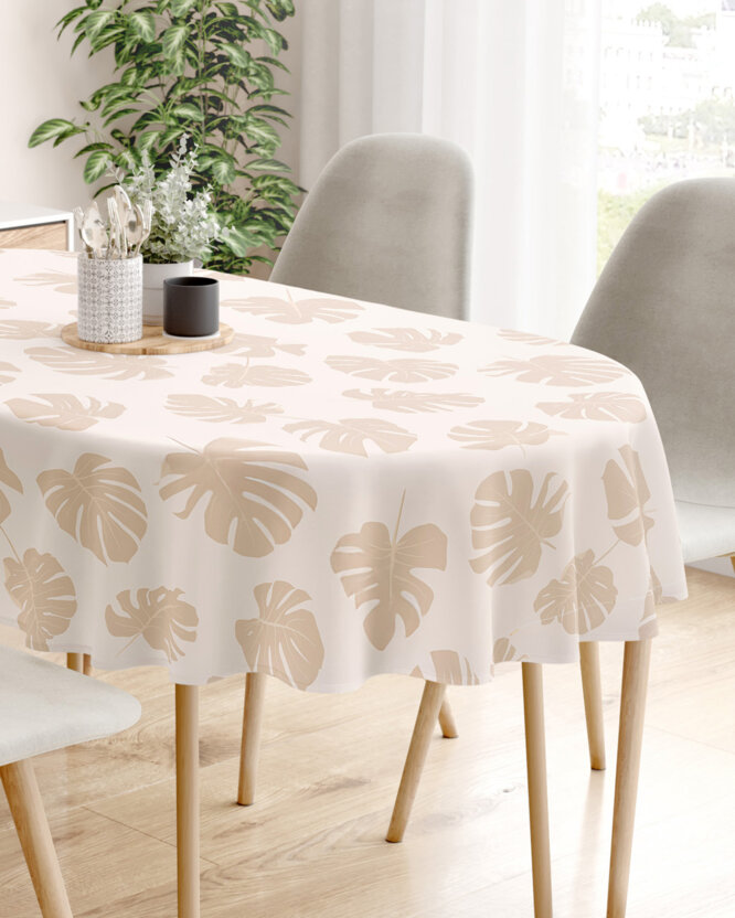Ovaal tafelkleed 100% katoen renforcé - Tropische bladeren op beige