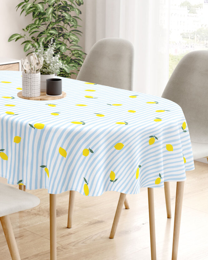 Ovaal tafelkleed 100% katoen renforcé - Frisse citroenen met streepjes