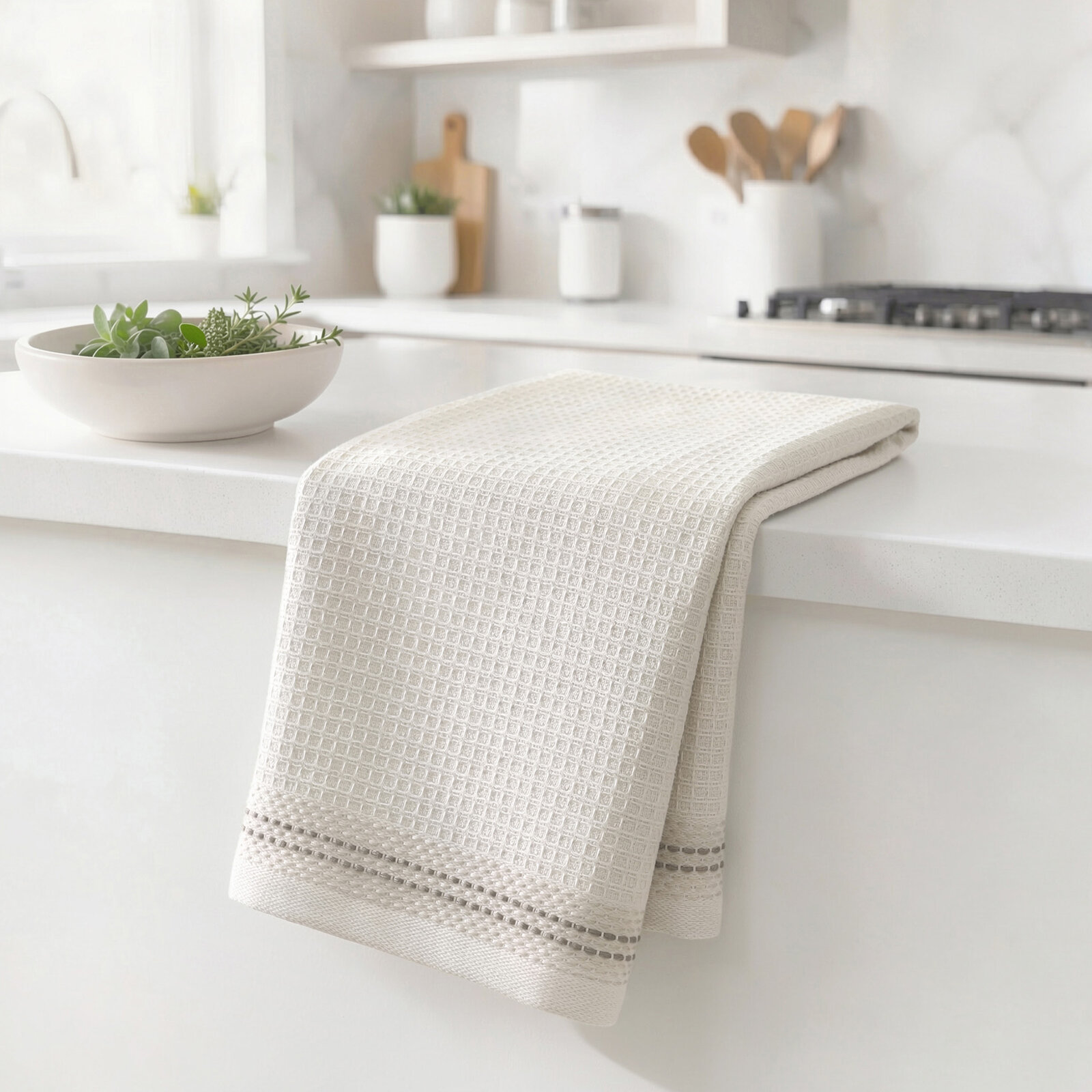 Keuken wafeldoek theedoek met border - beige
