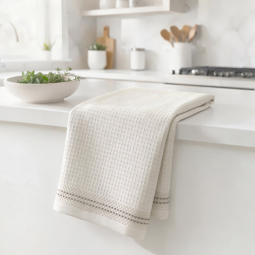 Keuken wafeldoek theedoek met border - beige