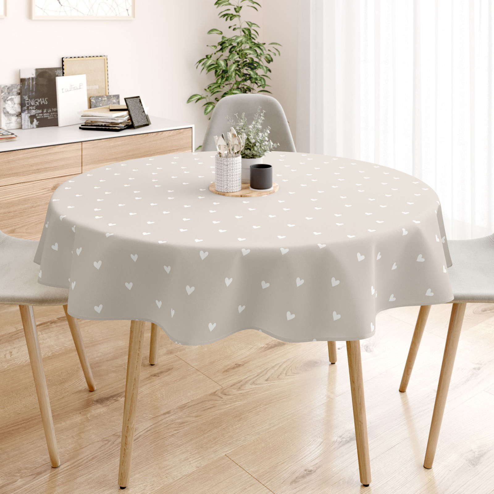 Rond tafelkleed 100% katoen renforcé - Hartjes op latte