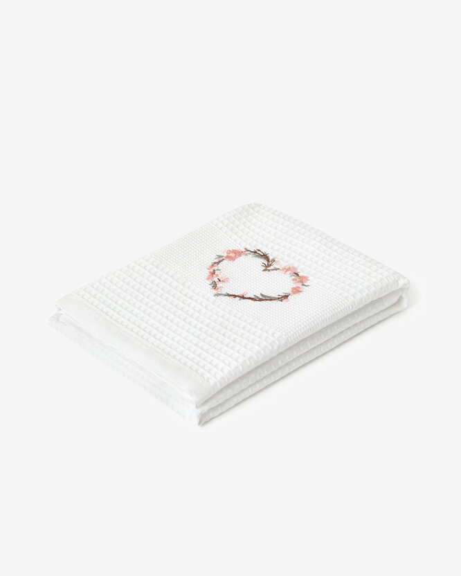 Geborduurde theedoek - wafeldoek - Bloemenhartje