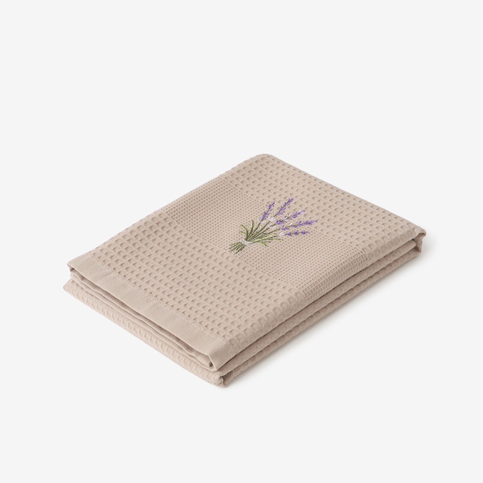 Geborduurde theedoek wafeldoek voor de keuken - Lavendel op bruin