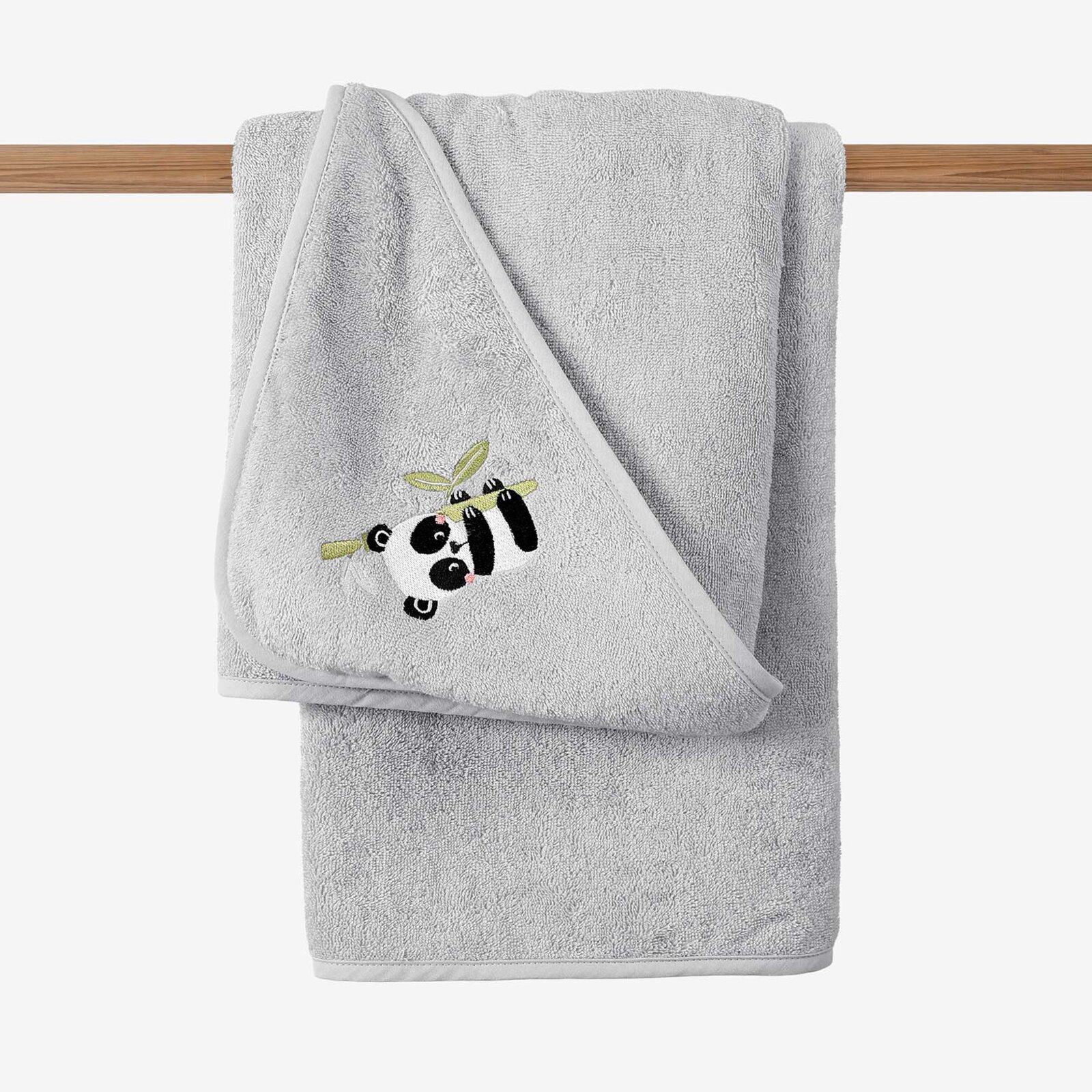 Kinder badstof badhanddoek met capuchon - Panda op lichtgrijs