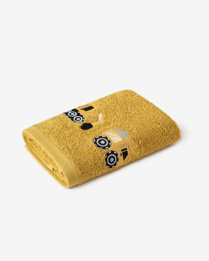 Kinder badstof handdoek - Graafmachine op mosterdgeel