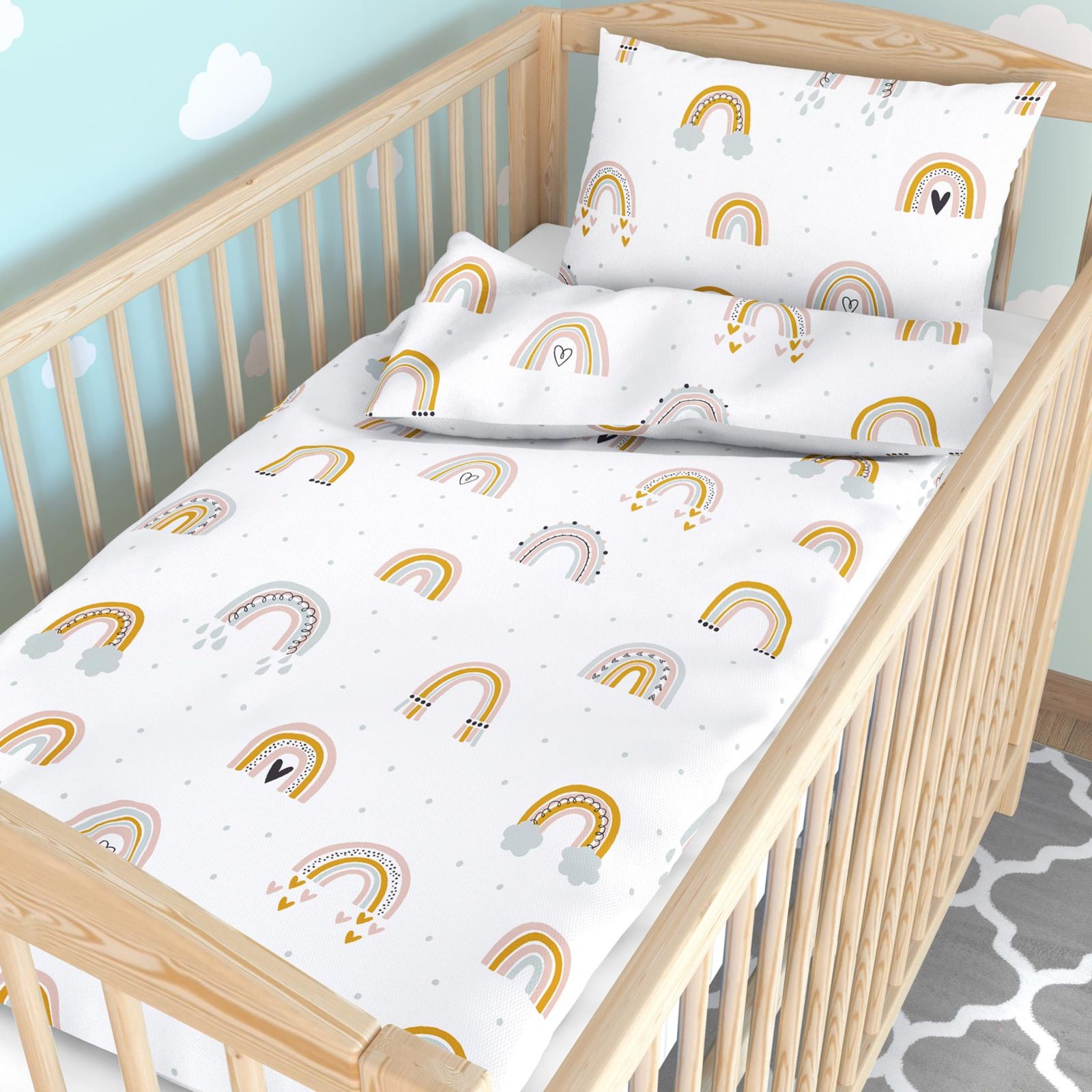 Katoenen beddengoed voor babybedje - Geschilderde regenbogen
