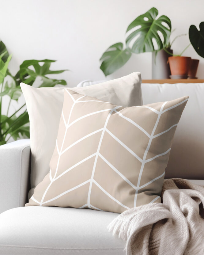 Katoenen kussensloop - Wit zigzag op beige