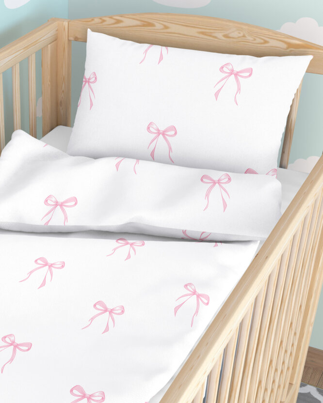 Katoenen baby beddengoed voor het ledikant - Roze strikjes