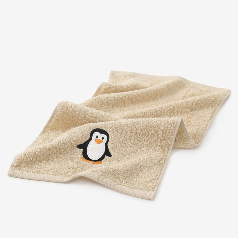 Kinder badstof handdoek - Pinguïn op beige