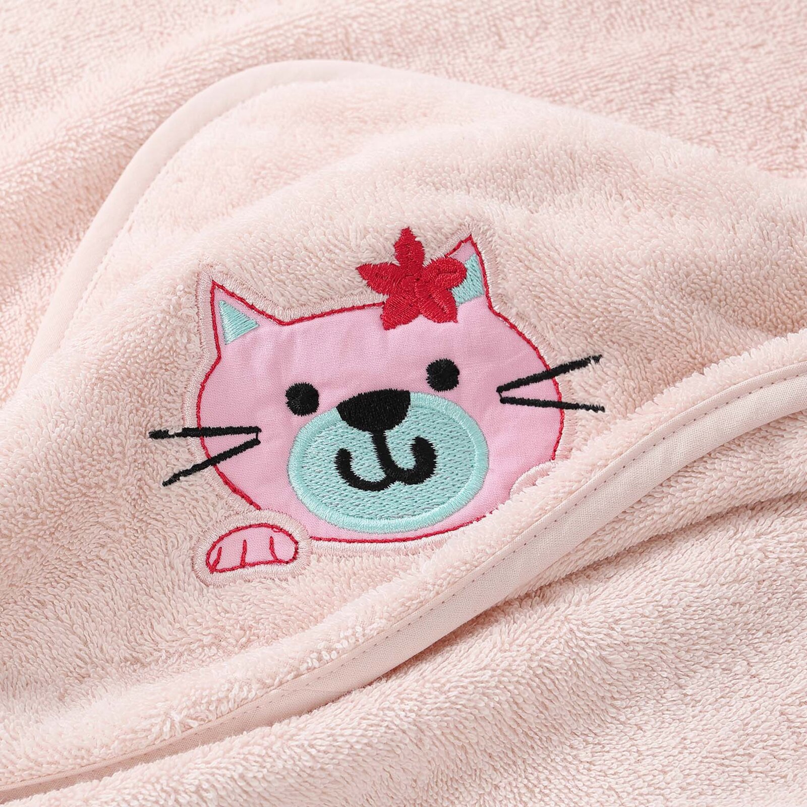 Baby badstof badhanddoek met capuchon - Poesje op lichtroze