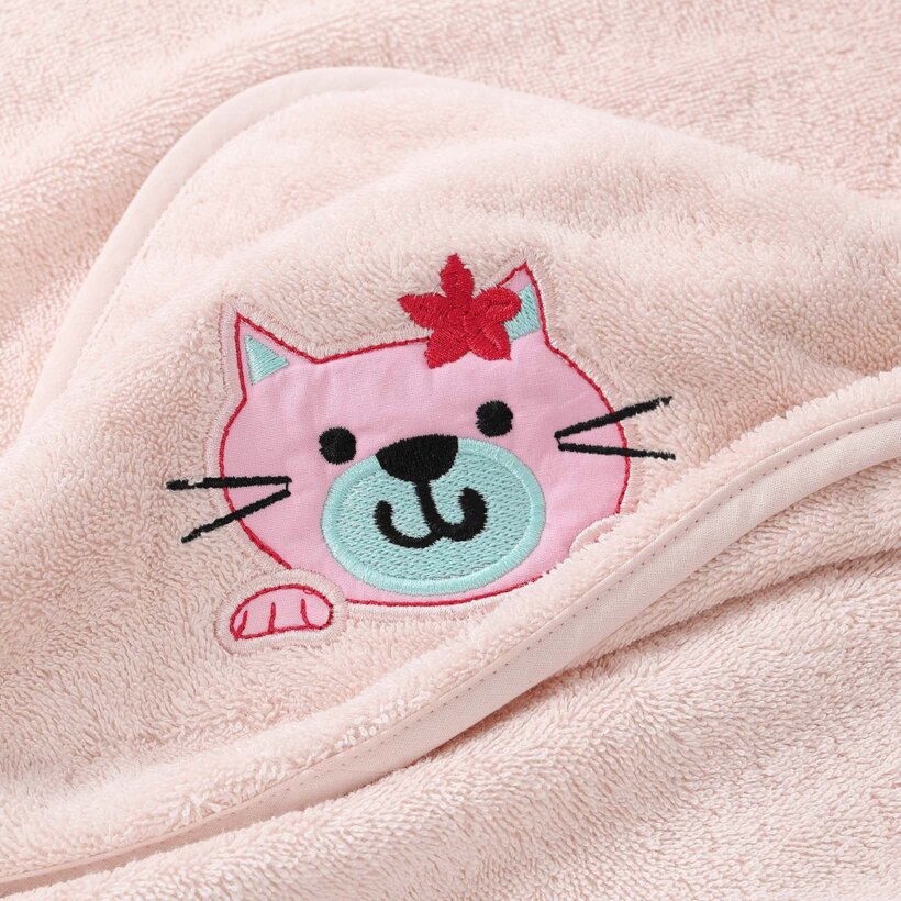 Baby badstof badhanddoek met capuchon - Poesje op lichtroze