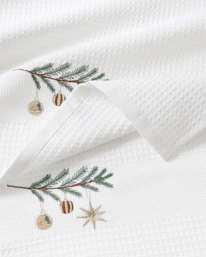 Kerst keuken geborduurde theedoek wafeldoek - Kerstballen op een tak op wit