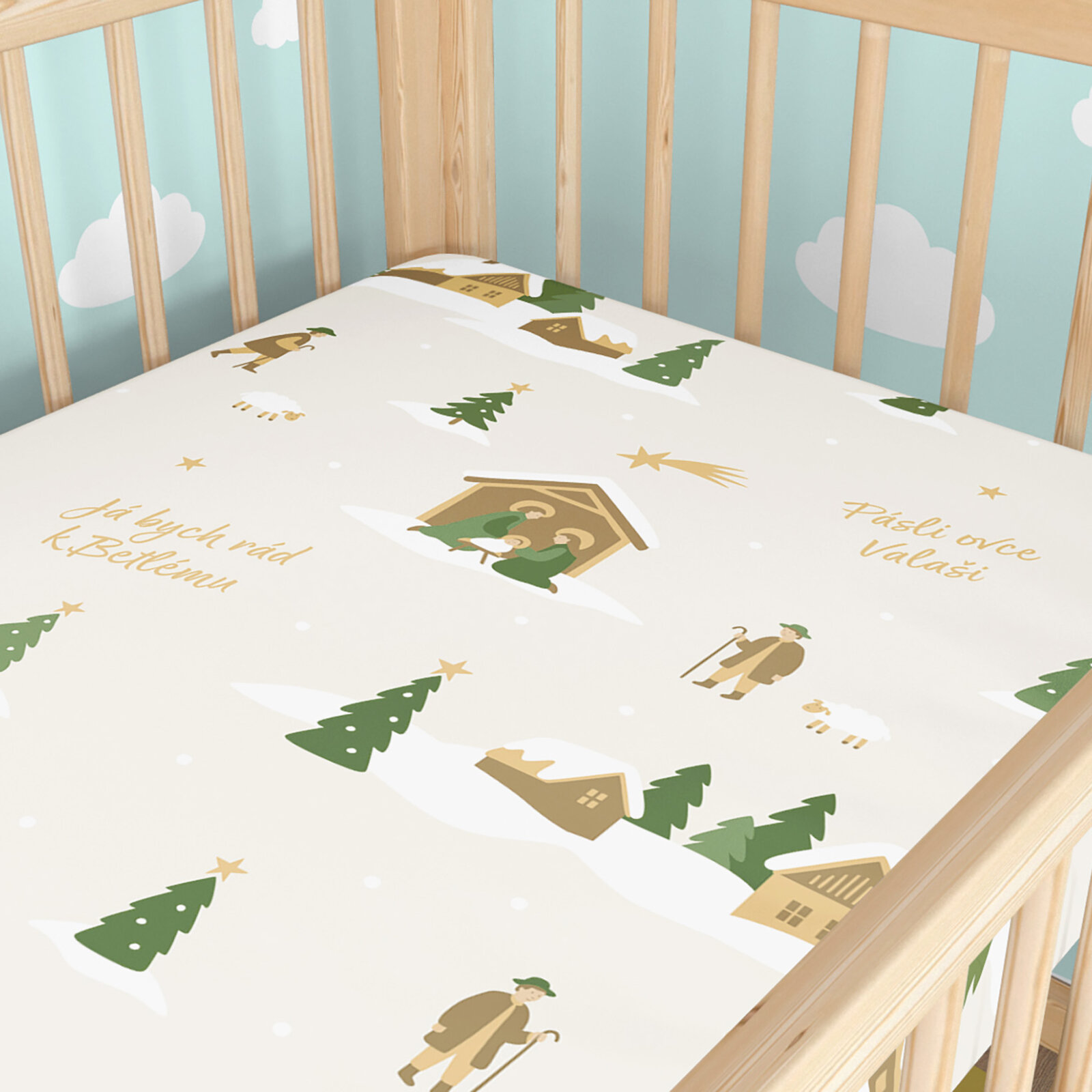 Kerst katoenen hoeslaken voor het babybedje - Pásli ovce Valaši