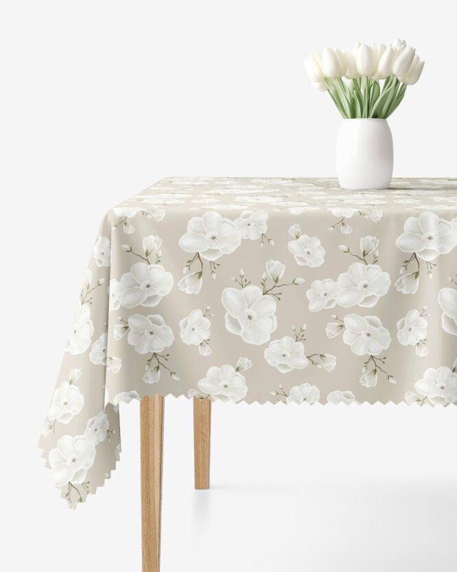 Hoekig teflon tafelkleed - Witte bloemen