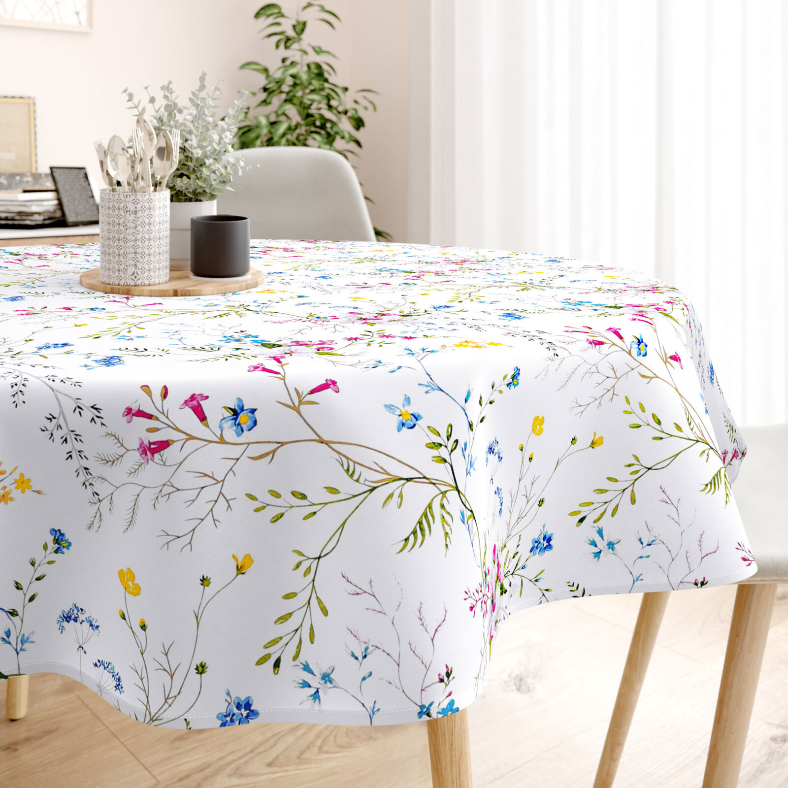 Rond tafelkleed 100% katoen renforcé - Geschilderde veldbloemen