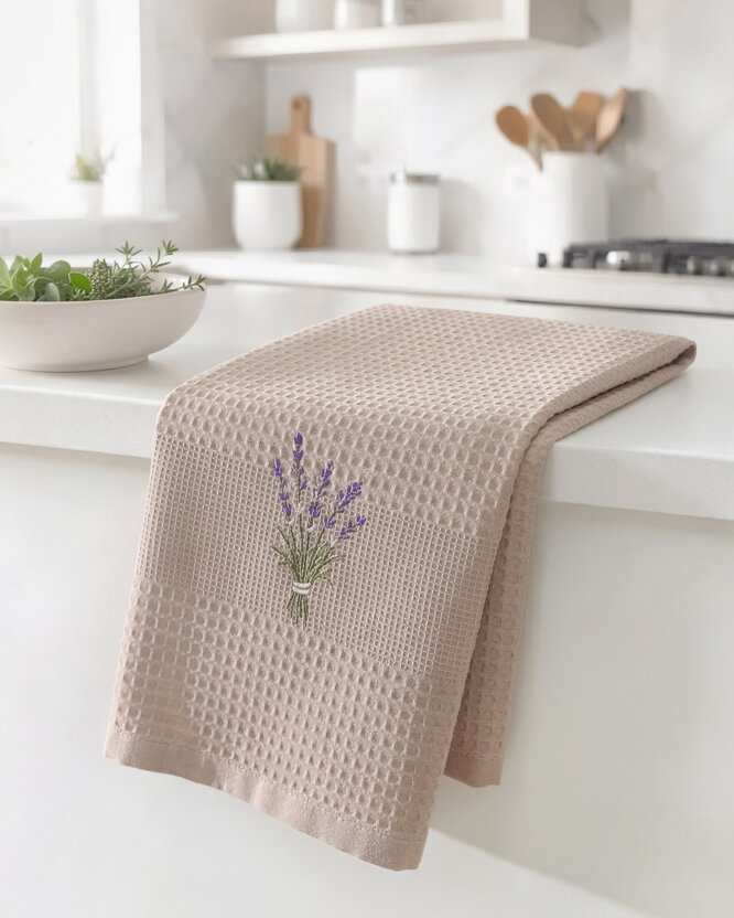 Geborduurde theedoek wafeldoek voor de keuken - Lavendel op bruin