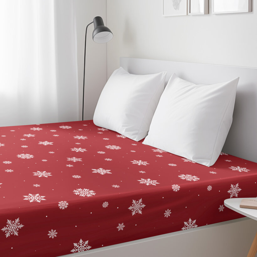 Katoenen hoeslaken - Sneeuwvlokken op rood