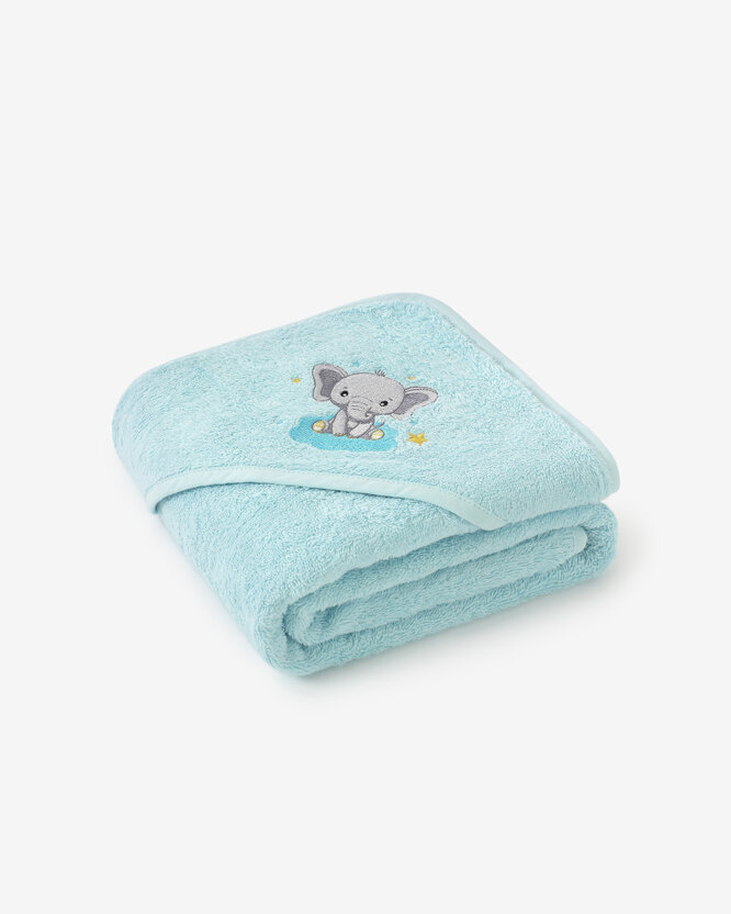 Kinder badstof badhanddoek met capuchon - Olifantje op blauw