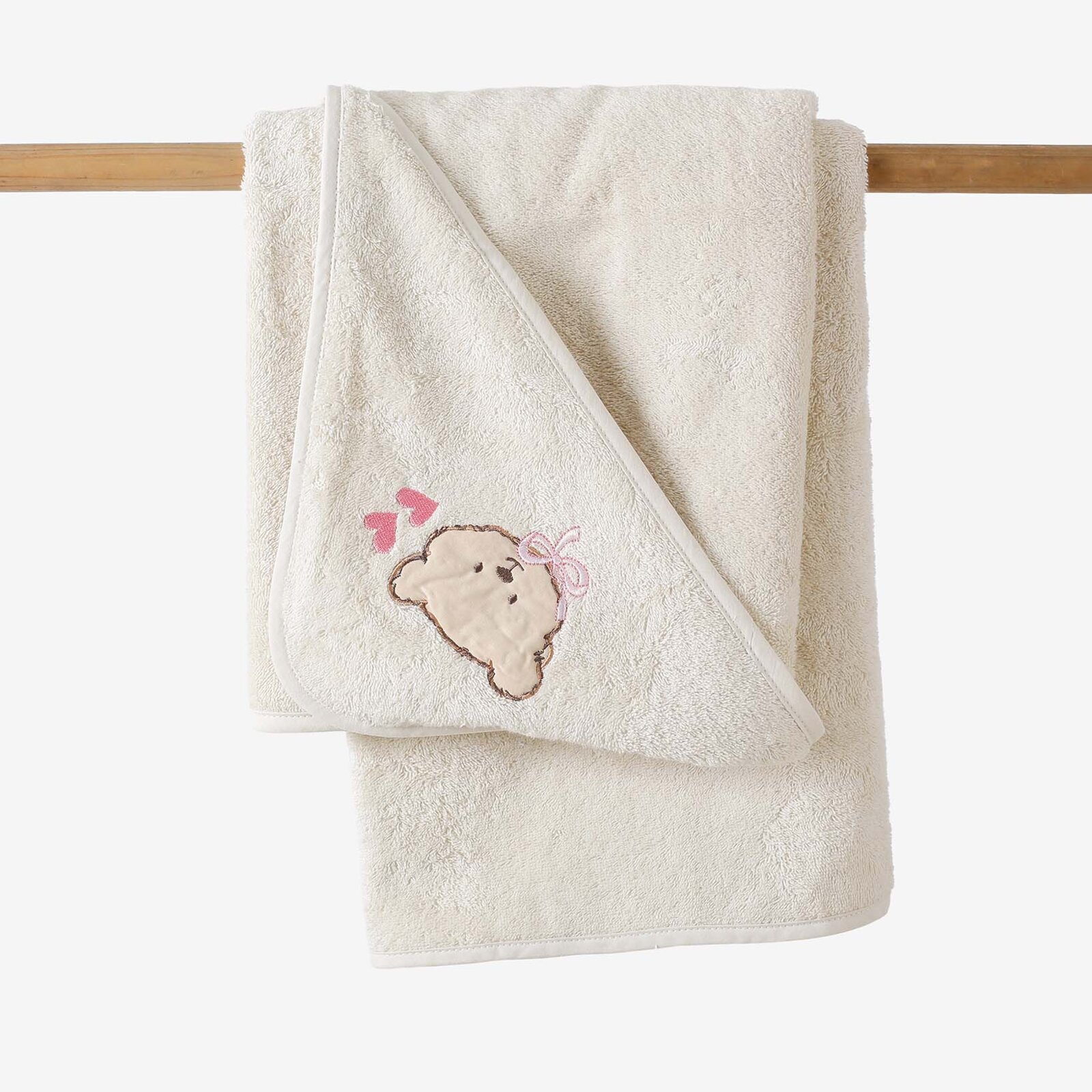 Baby badstof badhanddoek met capuchon - Beertje op beige