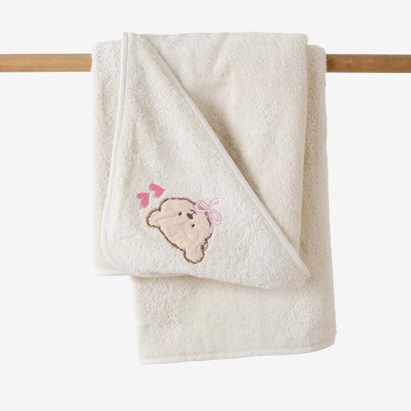 Baby badstof badhanddoek met capuchon - Beertje op beige