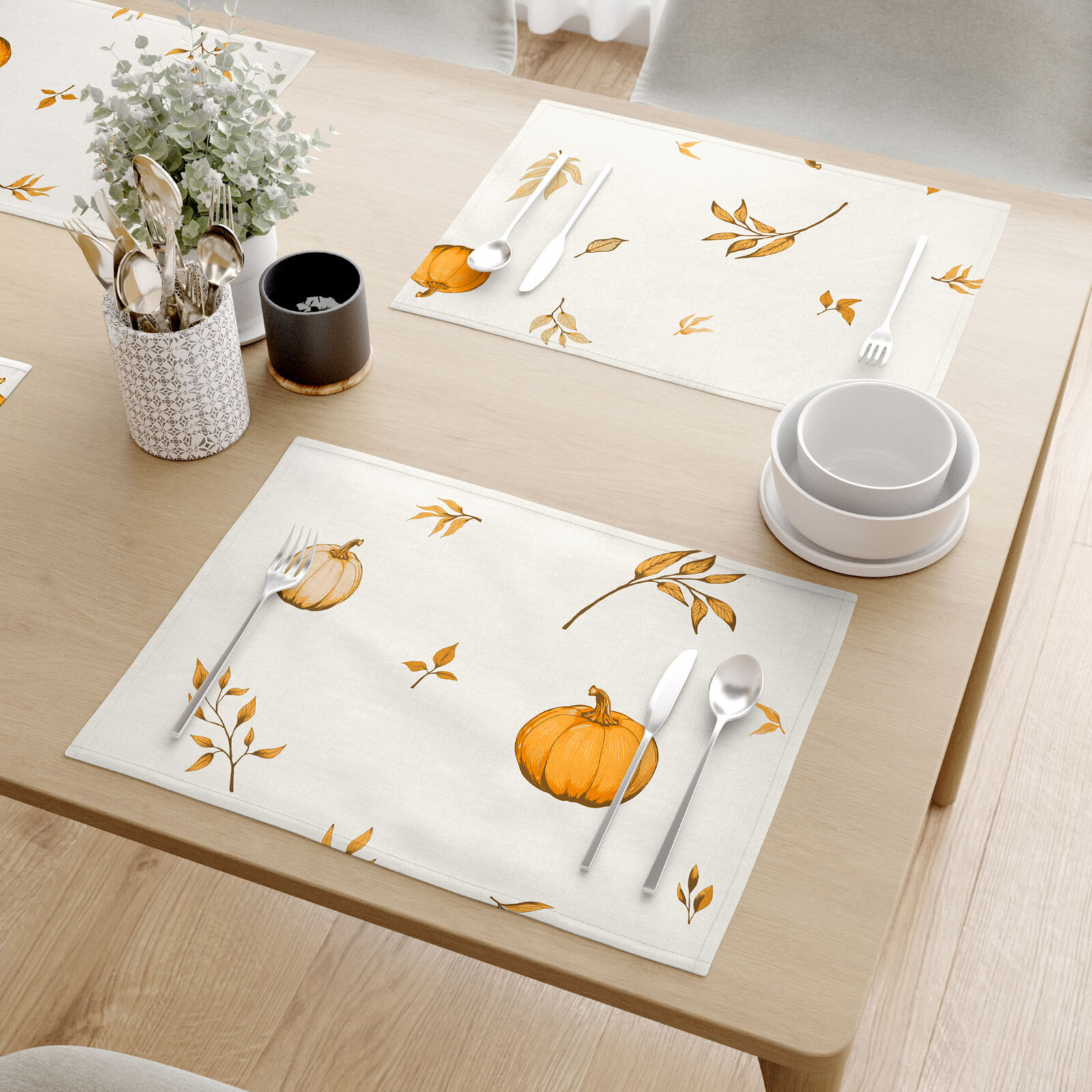 Placemat voor op tafel 100% katoen renforcé - Herfst pompoenen en blaadjes - set 2 stuks