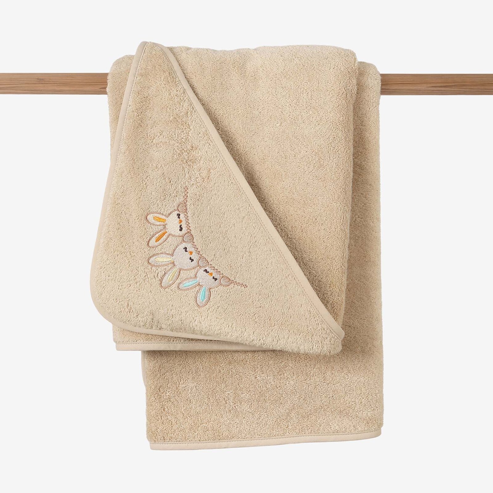 Badstof kinderbadhanddoek met capuchon - Konijntjes op beige