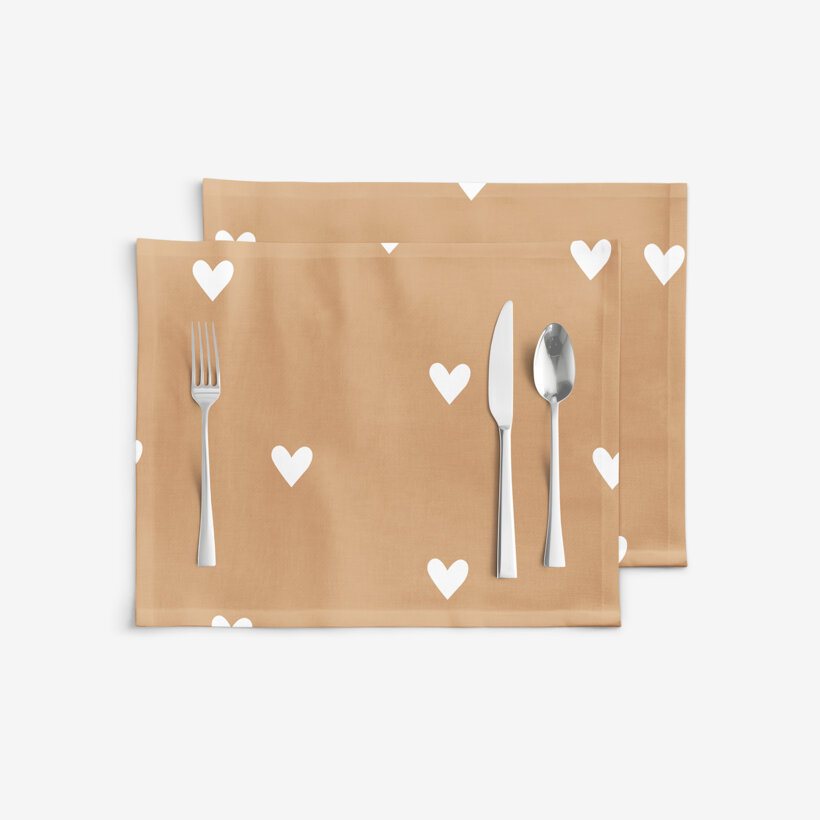 Placemat voor op tafel 100% katoen - Hartjes op herfstbruin - set 2 stuks