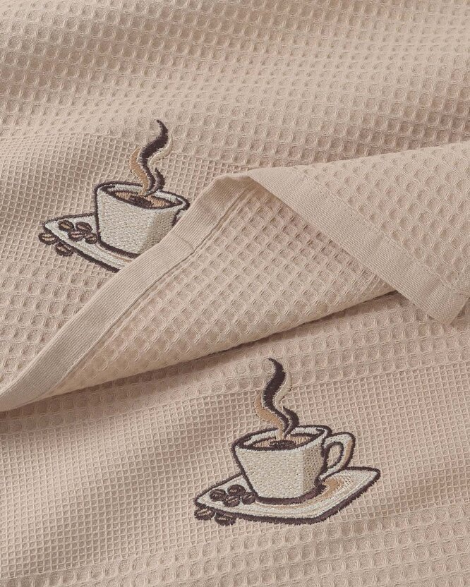 Geborduurde theedoek wafeldoek - Koffie op bruin
