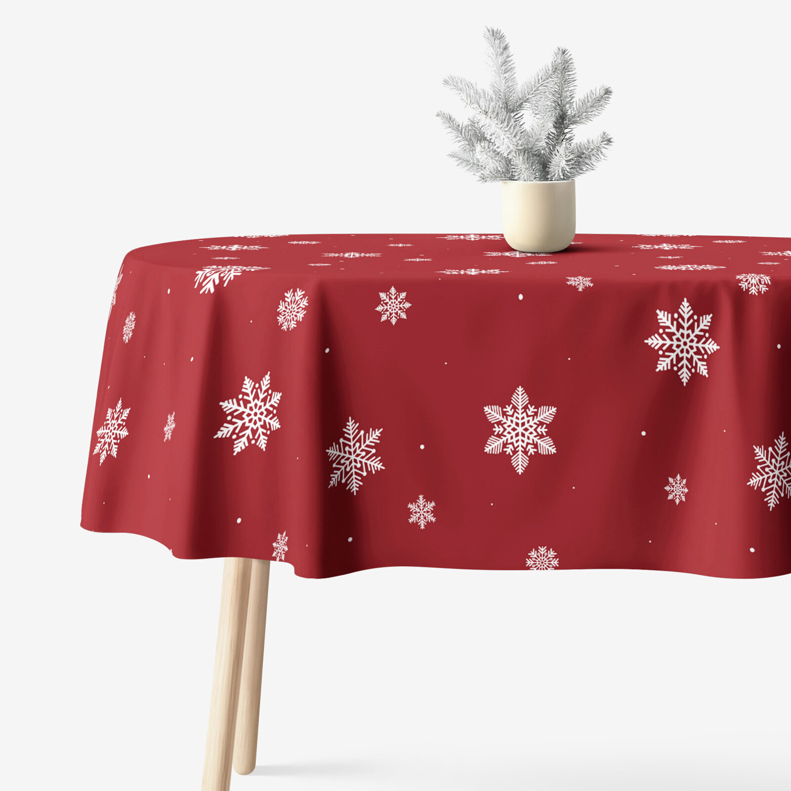 Ovaal tafelkleed 100% katoen renforcé - Sneeuwvlokken op rood