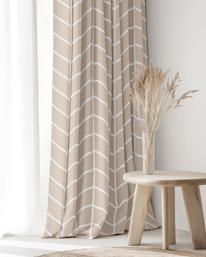 Katoenen gordijn - Witte zigzag op beige