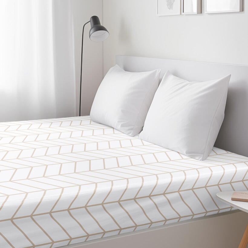 Katoenen hoeslaken - Beige zigzag op wit