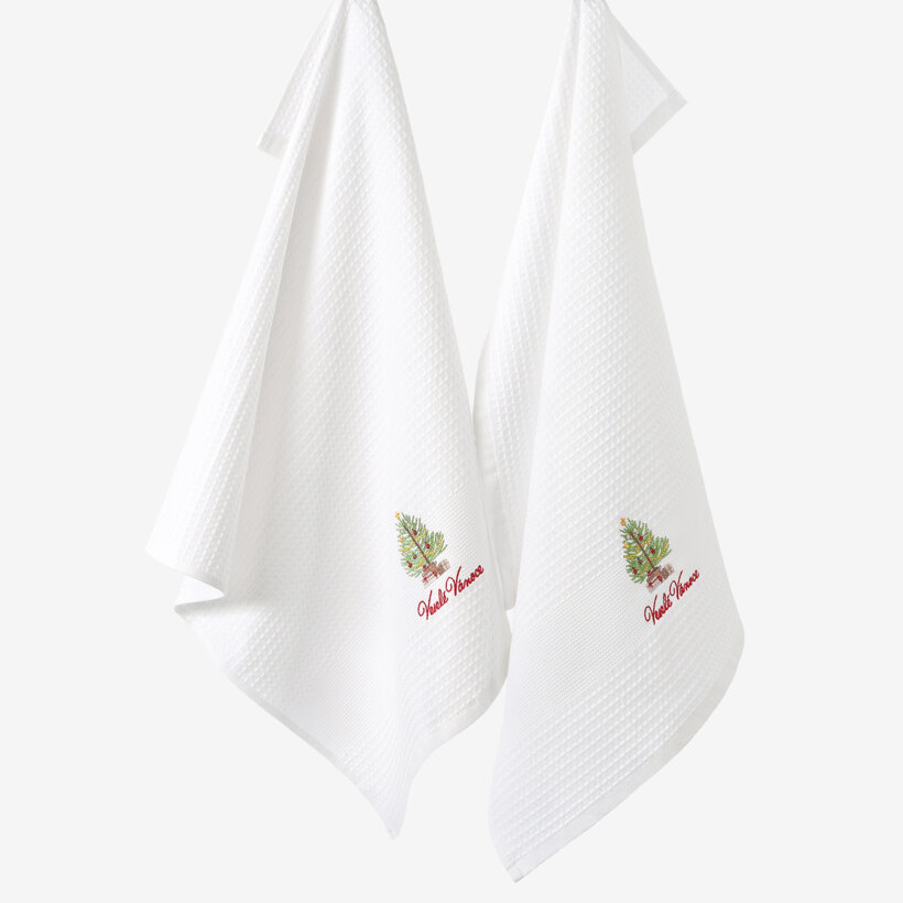 Kerst keuken wafeldoek geborduurde theedoek - Vrolijk kerstfeest op wit