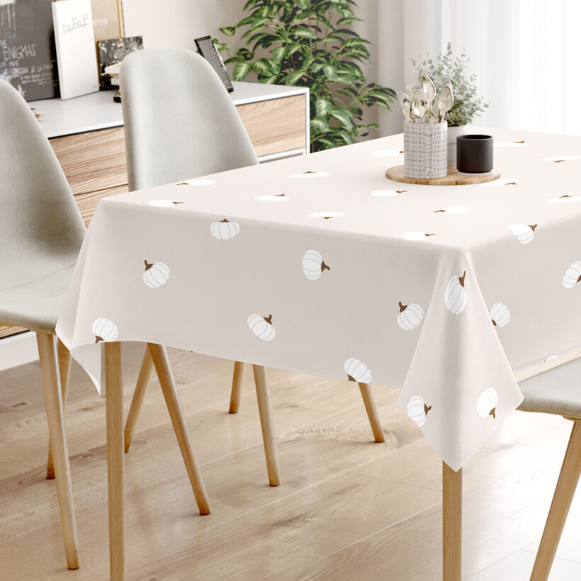Hoekig tafelkleed 100% katoen - Pompoenen op crème
