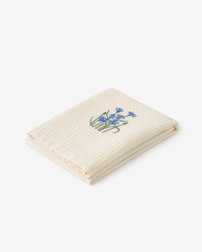 Geborduurde theedoek met wafelstructuur - Korenbloemen op crème