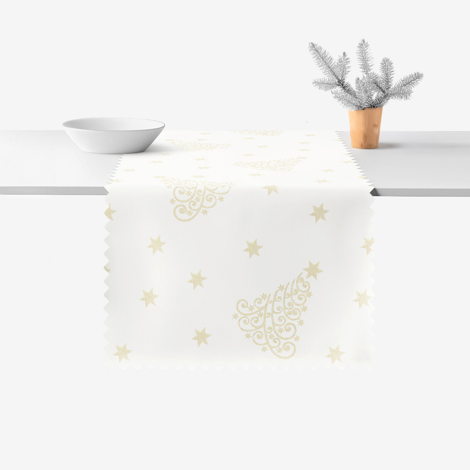 Kerst tafelloper teflon - Gouden kerstboompjes en sterretjes